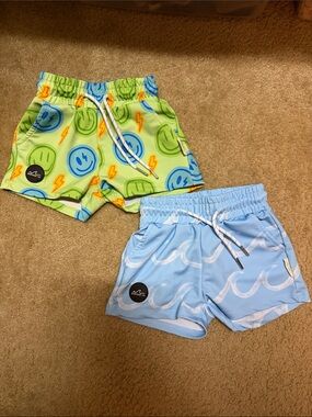 Surfside co Two-Pack Swim Shorts - Lime Green Smiley & Light Blue Wave